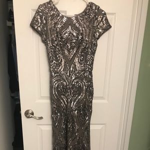Betsy & Adam taupe sequined gown - size 10P